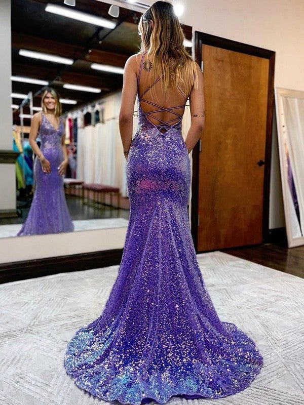 Sheath/Column V-Neck Court Train Sequins Prom Dresses fg6213 - View 2 | VelvetHem