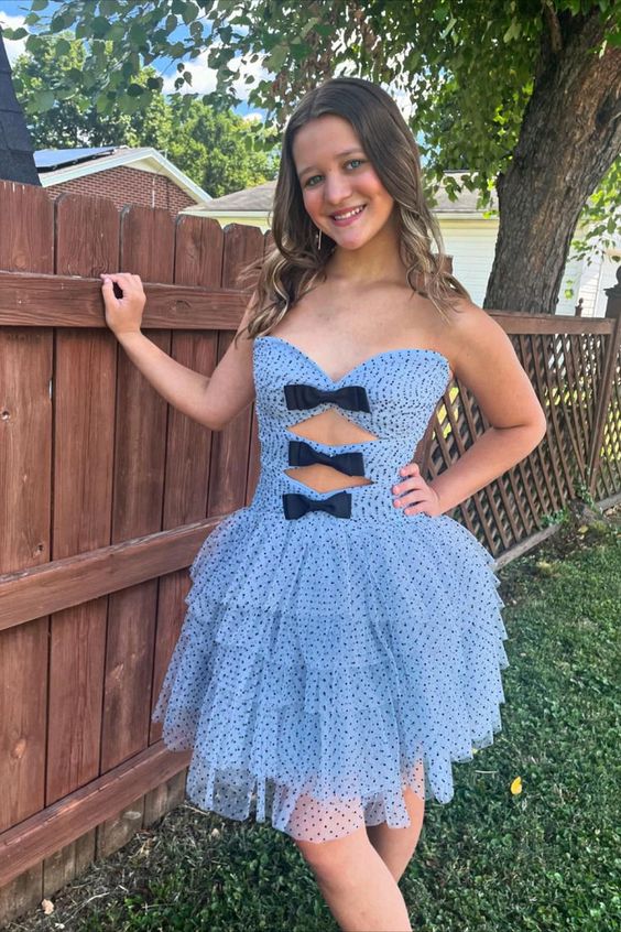 Strapless Black Dot Tulle Ruffle Homecoming Dress with Bow fg6159 - View 2 | VelvetHem