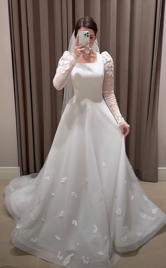 Modest White A-line Long Sleeves Wedding Dress,White Bridal Dress fg6818 - View 3 | VelvetHem