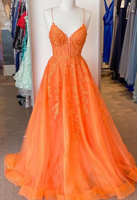 Orange Straps Lace/Tulle Long Prom Dress fg6486 - View 3 | VelvetHem