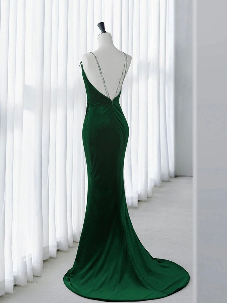 Green Mermaid Velvet Long Prom Dress, Green Long Evening Dress fg6740 - View 3 | VelvetHem