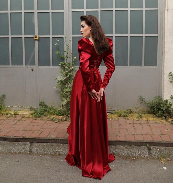Square Neck Long A Line Evening Gown Burgundy Long Sleeves Satin Formal Prom Party Dress fg6143 - View 2 | VelvetHem