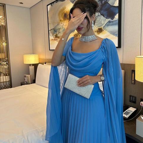 Elegant Blue Chiffon Prom Dresses,A-Line Ankle Length Party Dress fg6434 - View 3 | VelvetHem