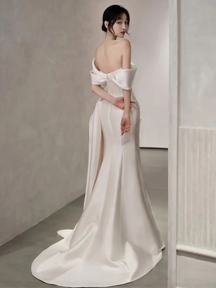 Off-The-Shoulder Satin High Split Twist Front Train Dresses For Wedding fg6444 - View 3 | VelvetHem