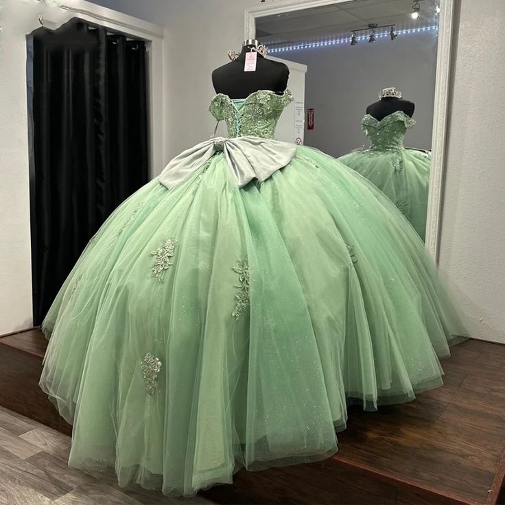 Luxury Sage Green Mexican Quinceanera Dresses Applique Lace Prom Gown fg6685 - View 2 | VelvetHem