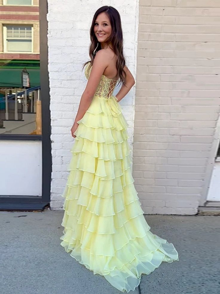 Strapless Layered Yellow Lace Top Long Prom Dresses, Long Yellow Formal Dresses, Yellow Chiffon Evening Dresses fg6690 - View 2 | VelvetHem