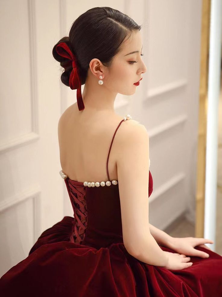 Spaghetti strap evening dress,red party dress,velvet prom dress fg6232 - View 2 | VelvetHem