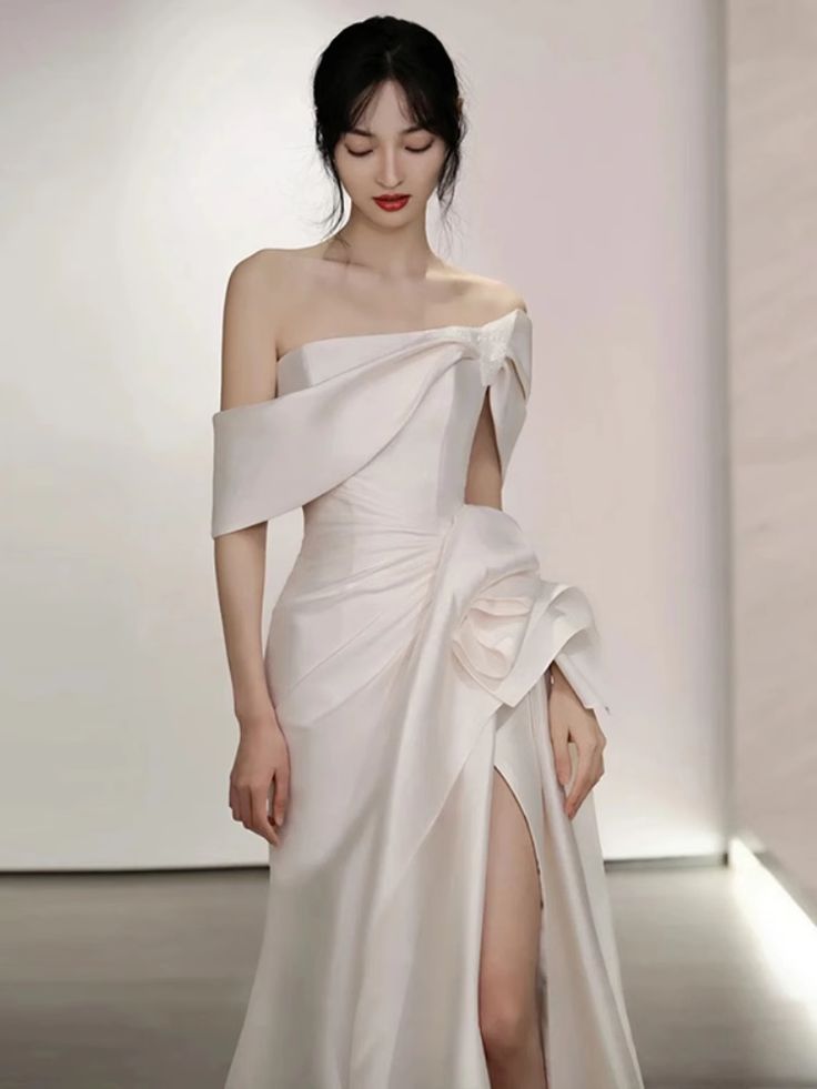 Off-The-Shoulder Satin High Split Twist Front Train Dresses For Wedding fg6444 - View 2 | VelvetHem