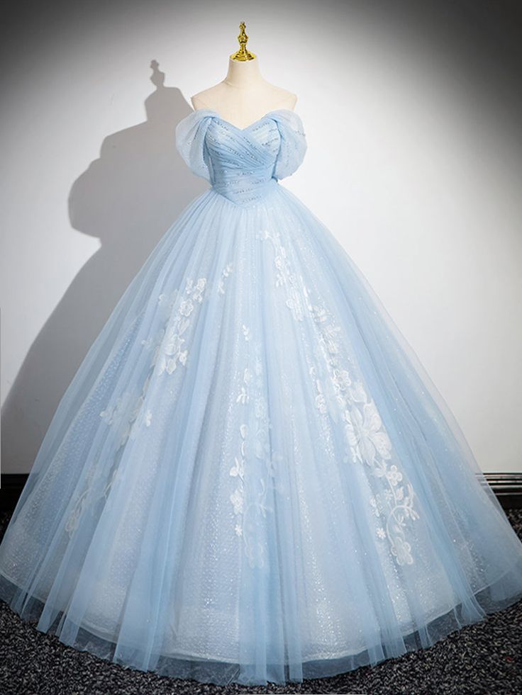 A-Line Off Shoulder Tulle Sequin Blue Long Prom Dress, Blue Sweet 16 Dress fg6727 - View 2 | VelvetHem