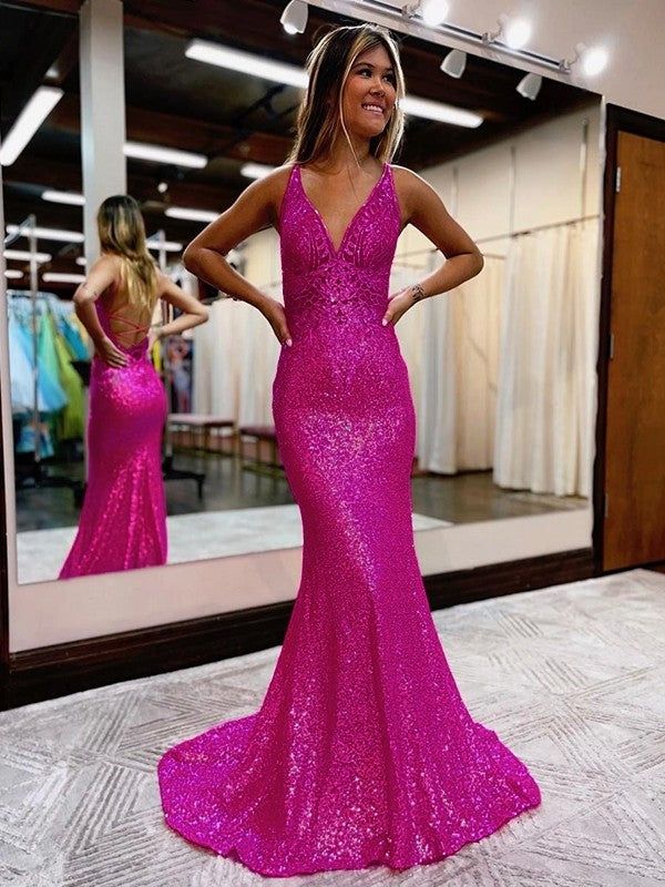 Sheath/Column V-Neck Court Train Sequins Prom Dresses fg6213 - View 3 | VelvetHem