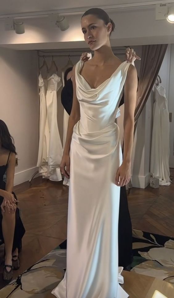 Sexy Sheath Off The Shoulder Satin Long Wedding Dresses fg6445 - VelvetHem