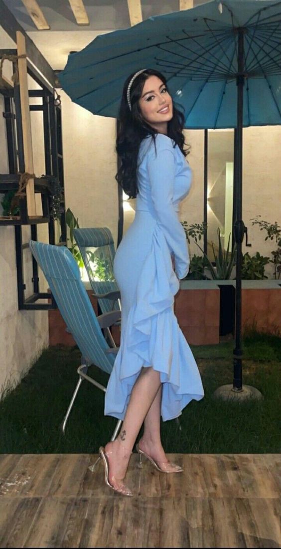 Mermaid Blue Women V Neck Long Sleeves Formal Occasions Evening Gown fg6303 - View 2 | VelvetHem