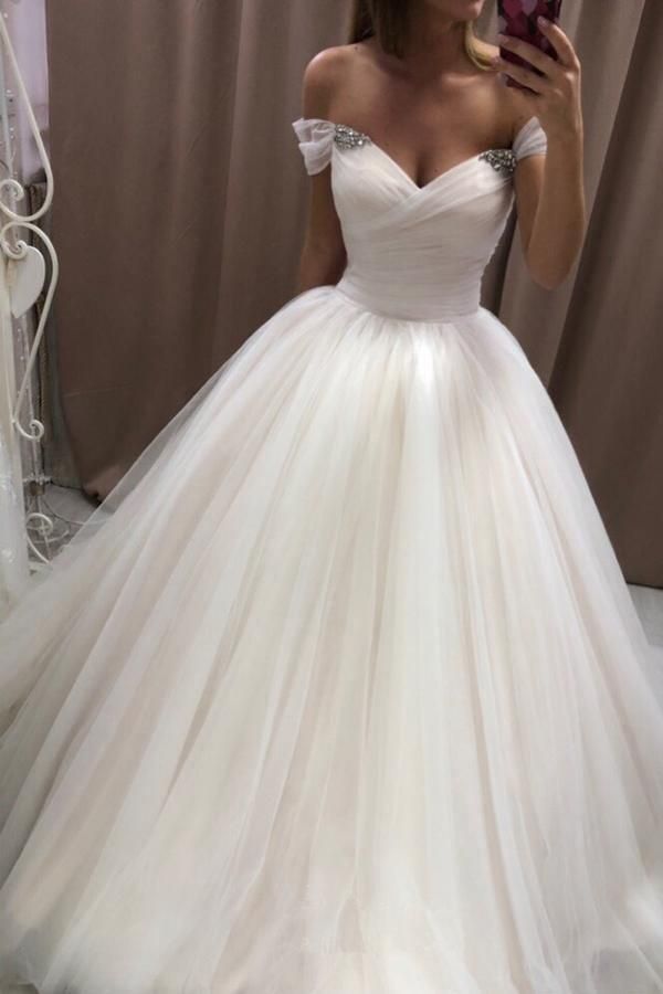 Off the Shoulder Tulle Wedding Dresses Pleated Ivory Wedding Gowns with Lace Up Simple Bridal Dress fg6600 - View 2 | VelvetHem