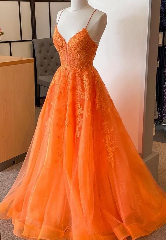 Orange Straps Lace/Tulle Long Prom Dress fg6486 - View 2 | VelvetHem
