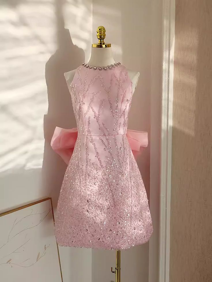 Sexy A line Scoop Pink Sequin Travel Vacation Dress Short Birthday Dress fg6374 - View 2 | VelvetHem