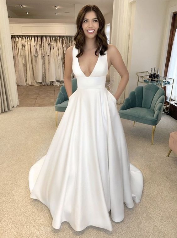 A-line Simple Satin Vintage Long Wedding Dresses fg6422 - View 2 | VelvetHem