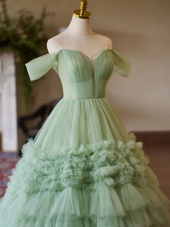 A-Line off Shoulder Tulle Green Long Prom Dress, Green Sweet 16 Dress fg6744 - View 2 | VelvetHem