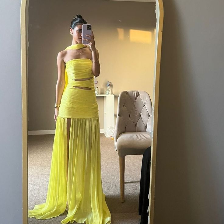 Strapless Yellow A Line Long Prom Dress Formal Party Gown fg6457 - View 3 | VelvetHem