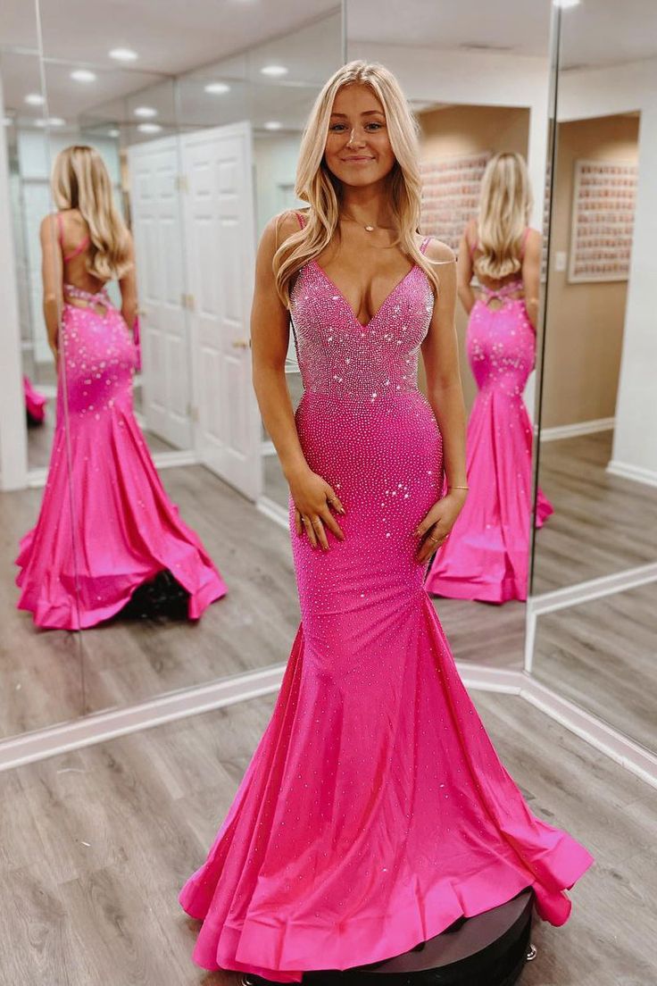 Hot Pink V Neck Satin Mermaid Long Prom Dresses with Beaded fg6746 - View 2 | VelvetHem