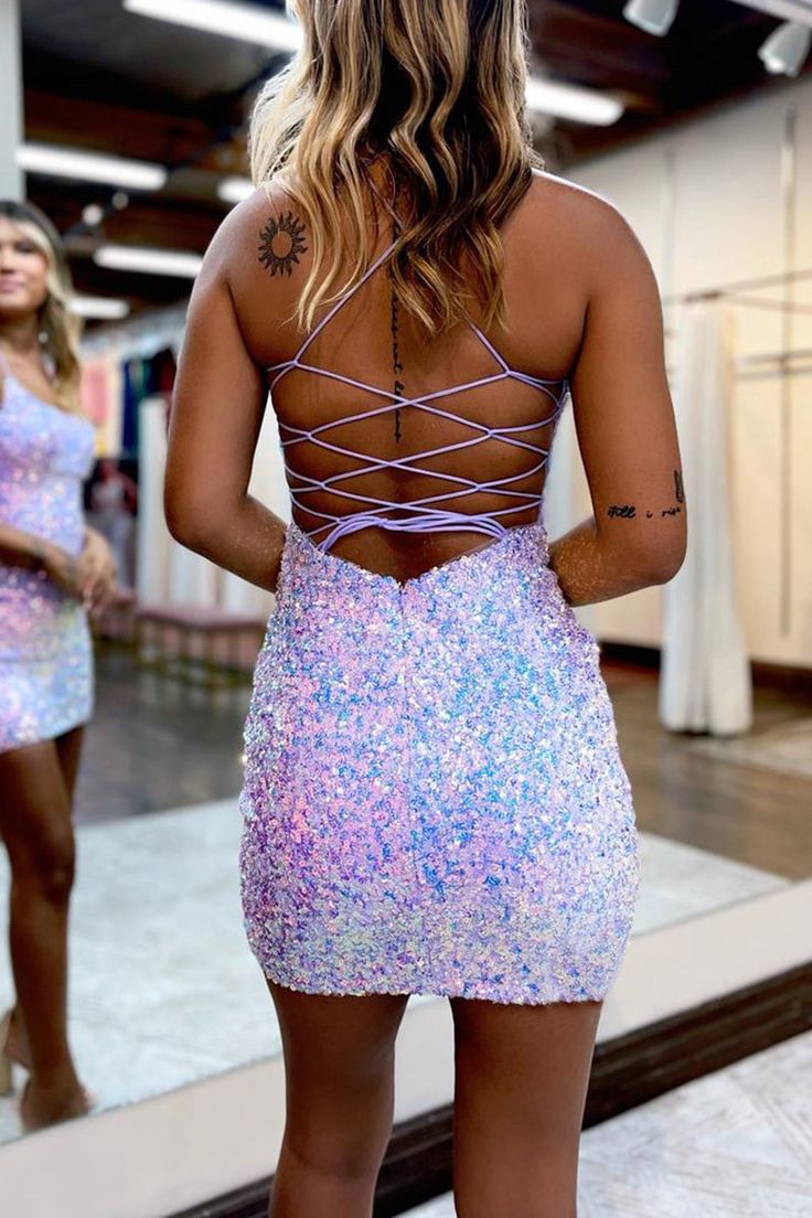 Sexy Fitted Bateau Spaghetti Straps Fully Sequined Lace-Up Homecoming Dress fg6305 - View 3 | VelvetHem