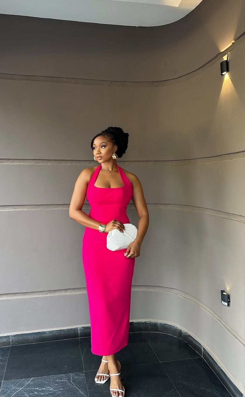 Hot Pink Women's Sleeveless Ankle Length Dress Halter Evening Gown fg6639 - View 2 | VelvetHem