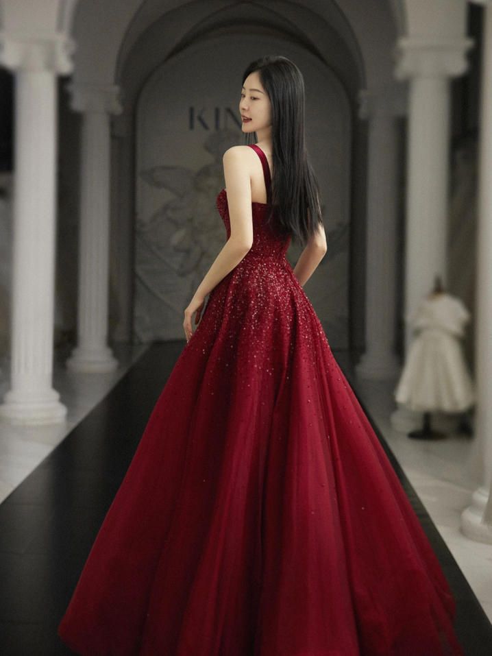 Burgundy Prom Dresses A line Straps Tulle Evening Dresses fg6734 - View 2 | VelvetHem