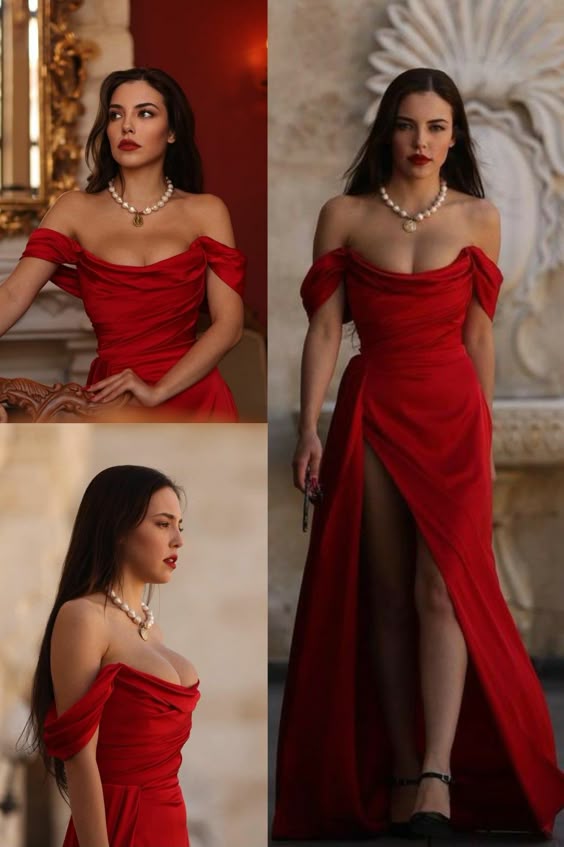 Elegant Off Shoulder Side Slit Mermaid Satin Red Long Prom Dresses fg6480 - View 2 | VelvetHem