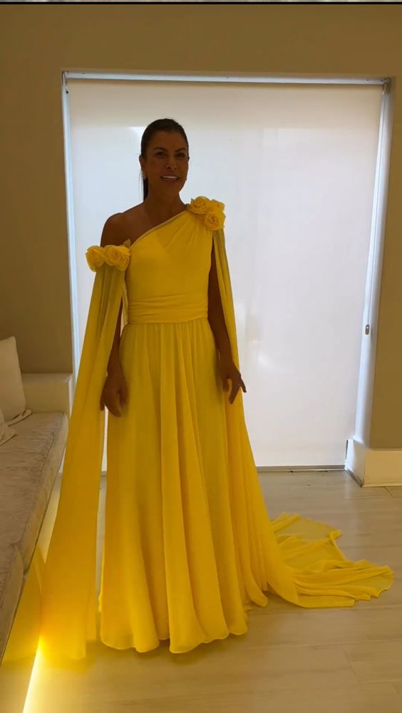 Vintage Long One Shoulder Evening Desses With Flower A-Line Floor Length Sweep Train Prom Dresses for Women fg6353 - View 2 | VelvetHem
