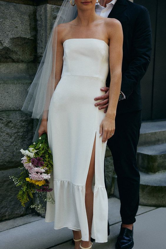 Simple Strapless Sleeveless Satin Sheath Midi Wedding Dress With Slit fg6333 - View 2 | VelvetHem