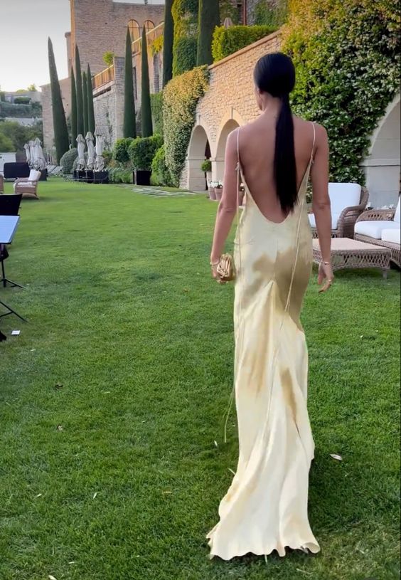 Yellow satin backless long prom evening dresses fg6718 - View 2 | VelvetHem