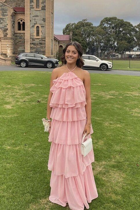 Halter Pink Layer Long Prom Dress Chiffon Birthday Dress fg6405 - View 2 | VelvetHem