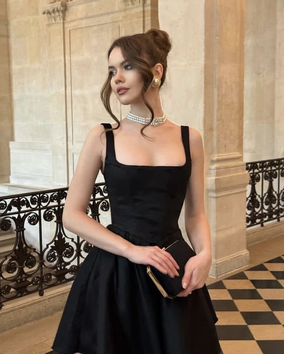 black mini wedding dress evening dress, square neck above knee Party Dress fg6356 - View 3 | VelvetHem