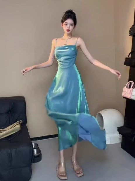 Spaghetti Straps Blue Sheath Long Prom Dresses Homecoming Dress fg6074 - View 3 | VelvetHem