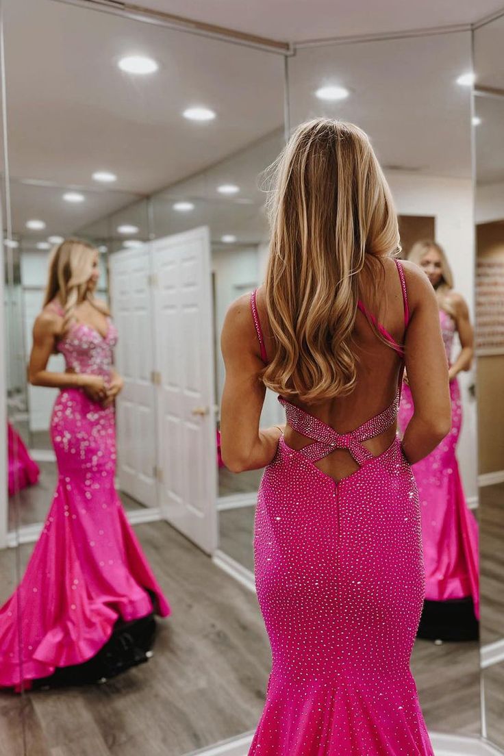 Hot Pink V Neck Satin Mermaid Long Prom Dresses with Beaded fg6746 - View 4 | VelvetHem