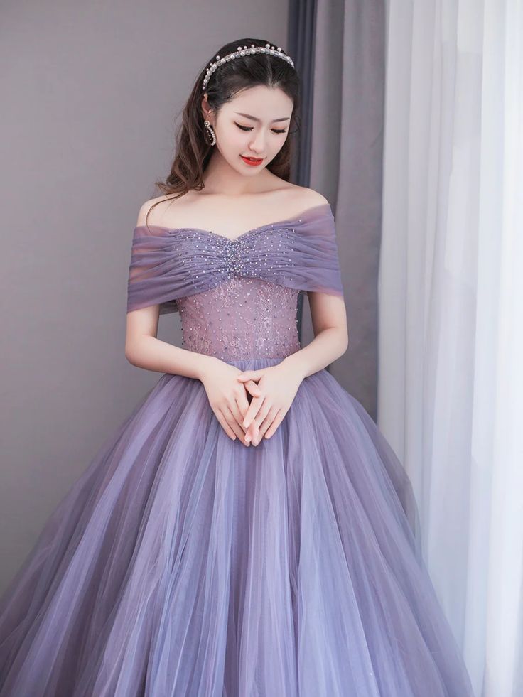 Purple A-Line Off Shoulder Tulle Beading Long Prom Dress fg6712 - View 4 | VelvetHem