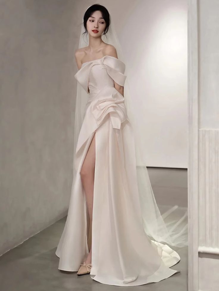 Off-The-Shoulder Satin High Split Twist Front Train Dresses For Wedding fg6444 - View 4 | VelvetHem