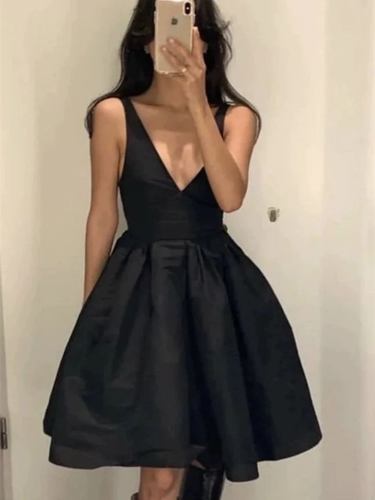 V Neck Black Backless Satin Short Prom Dresses, Open Back V Neck Short Black Formal Evening Homecoming Graduation Dresses fg6031 - View 2 | VelvetHem