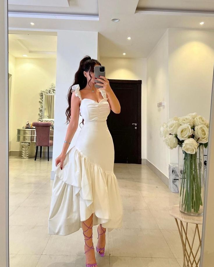 White Straps Ruffle Mermaid Party Gown Arabia Prom Dresses For Women fg6319 - VelvetHem
