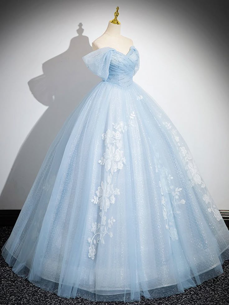 A-Line Off Shoulder Tulle Sequin Blue Long Prom Dress, Blue Sweet 16 Dress fg6727 - VelvetHem