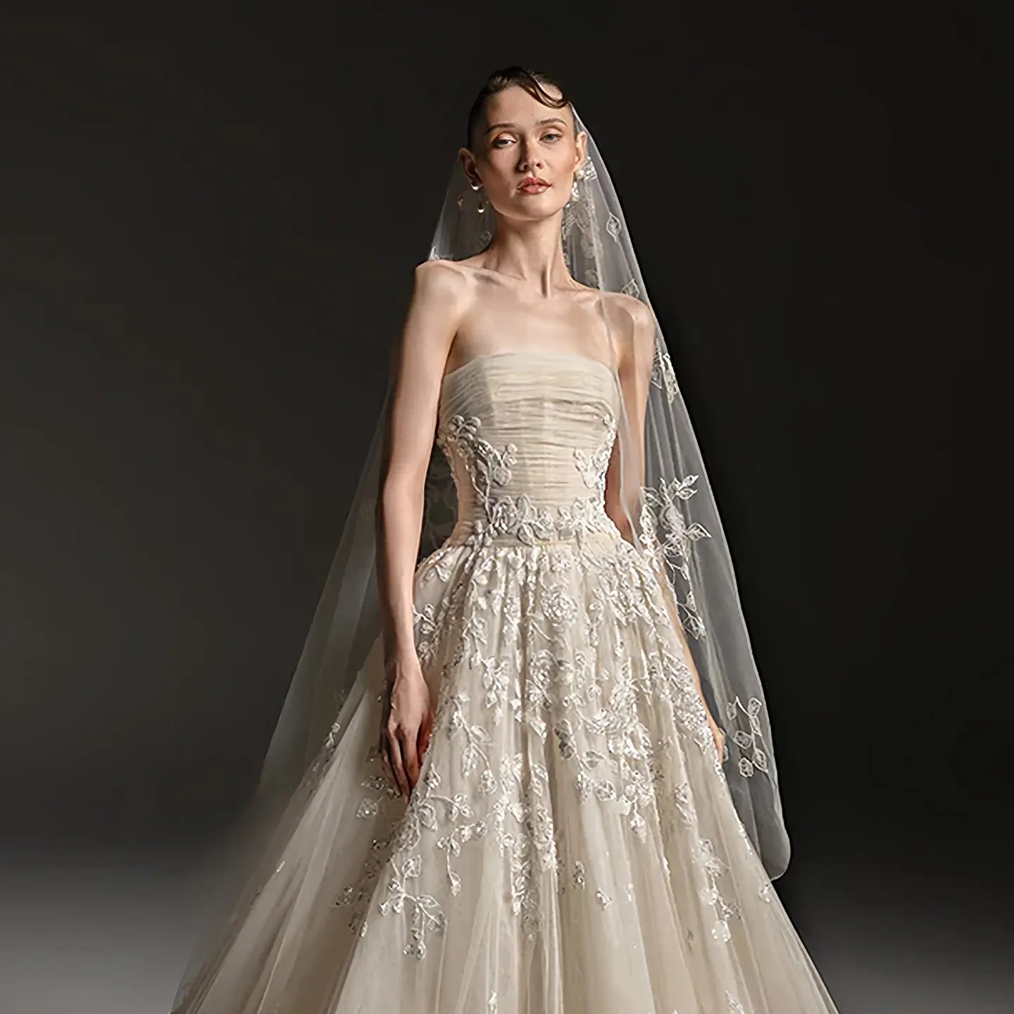 Romantic Champagne Strapless Floral Lace Tulle A-Line Wedding Dress with Veil ZP084