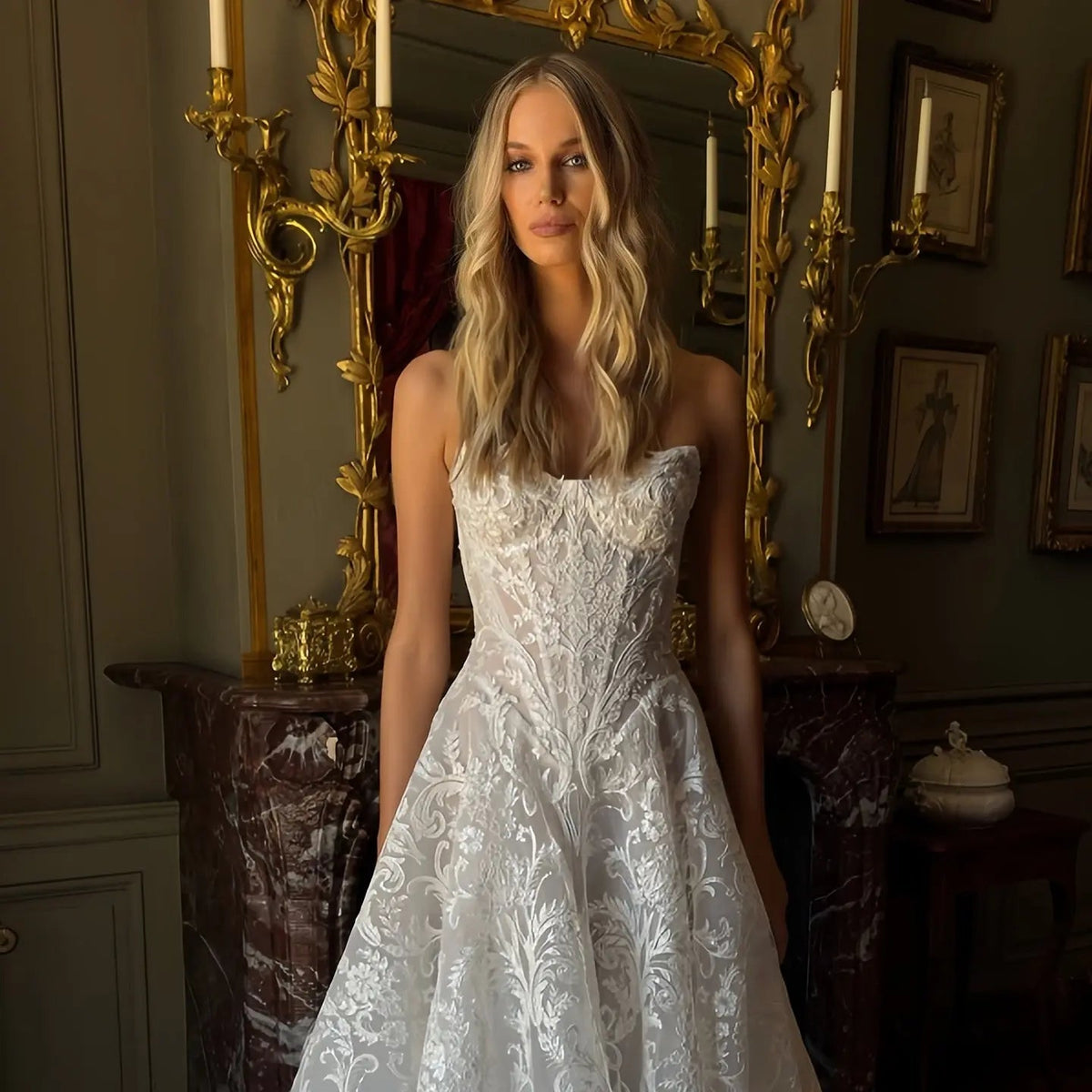 Vintage White Strapless Lace A-Line Wedding Dress with Scalloped Train ZP092