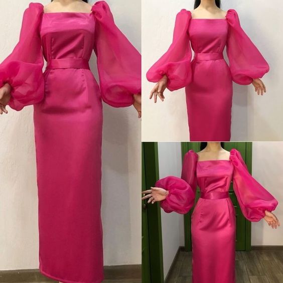 Women's Square Neckline Evening Dresses Long Sleeve Tulle Prom Party Dress fg6231 - VelvetHem