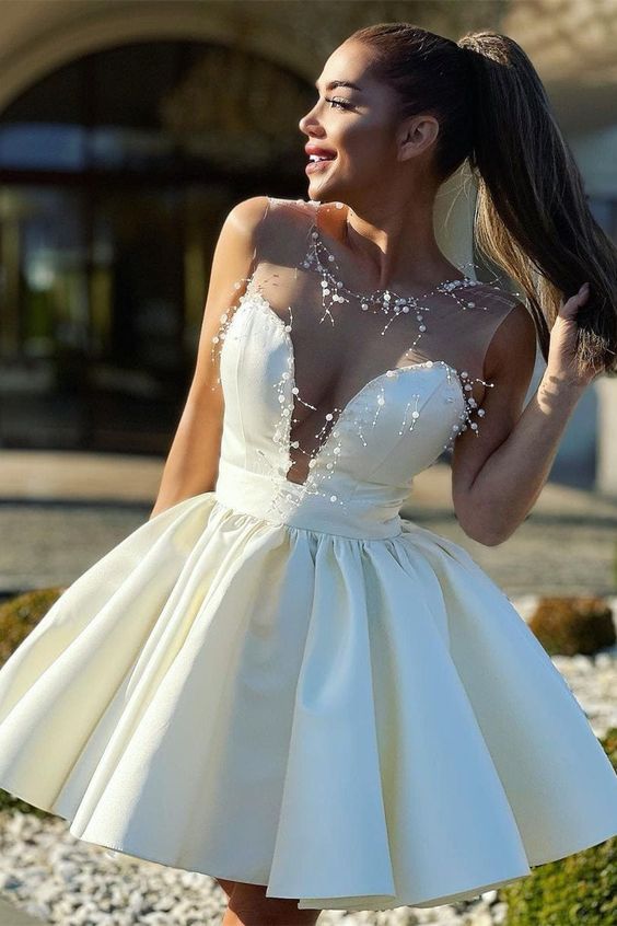 New Mini Homecoming Dress Transparent Tulle Jewel Sweetheart Satin Graduation Dresses fg6238 - VelvetHem