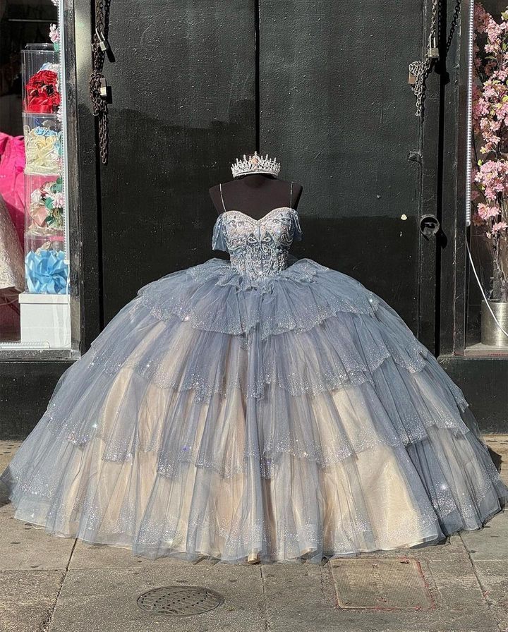 Princess Dresses Ball Gown Off Shoulder Vestido De Quinceanera Tiered Skirt Glitter Sequins Tulle 15 Masquerade Dress fg6817 - VelvetHem