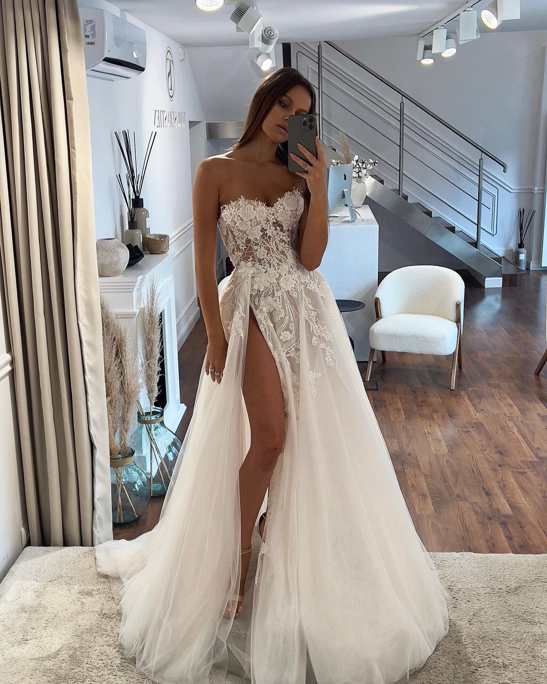 Charming A Line Sweetheart Tulle Wedding Dresses with Appliques - View 2 | VelvetHem