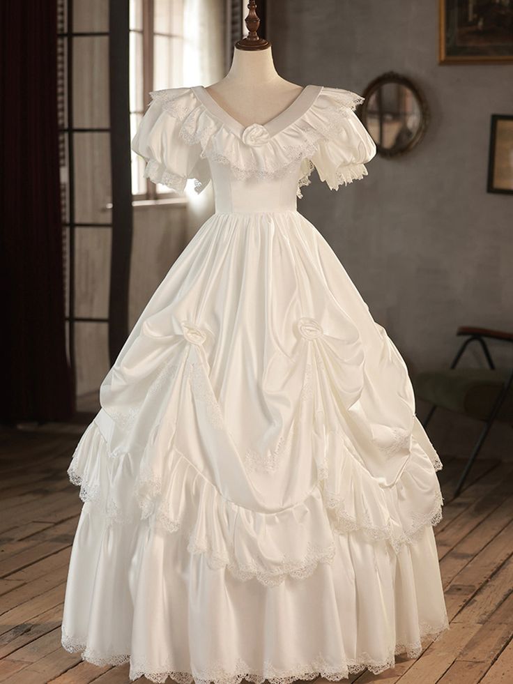 V-Neck Satin Long Prom Dress, Lace Wedding Dress - VelvetHem