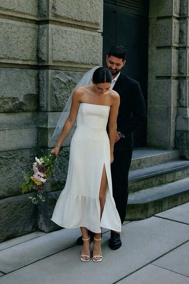 Simple Strapless Sleeveless Satin Sheath Midi Wedding Dress With Slit fg6333 - VelvetHem