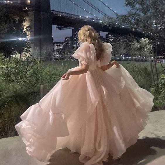 Pink A-Line Organza Long Prom Dress Engagement Dress with Puff Sleeves - VelvetHem