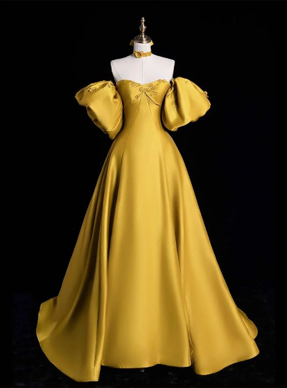 Yellow Satin Lace Long Prom Dress, Beautiful A-Line Off the Shoulder Evening Party Dress fg6755 - VelvetHem