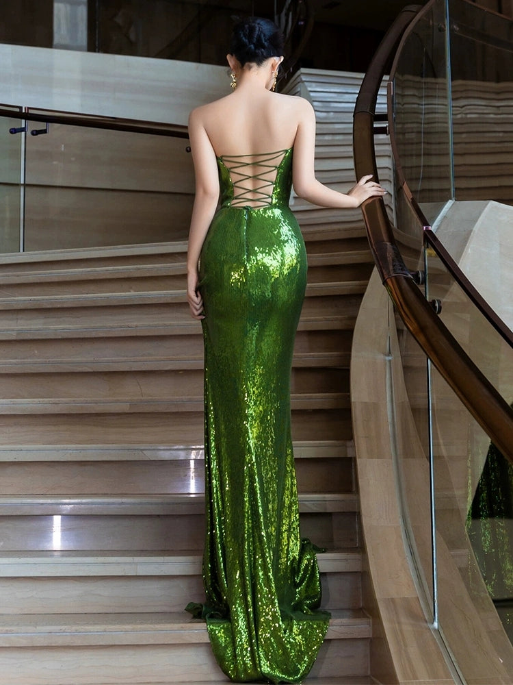 Green Sequin Mermaid Long Prom Dress Sexy Evening Dresses - View 2 | VelvetHem